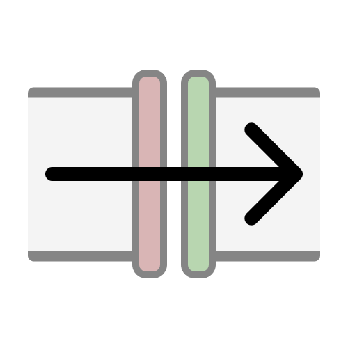 The red edge of the 'Finish' symbol placed next to the green edge of the 'Start' symbol. They are both faded a little. A black arrow points right while crossing over both symbol parts, as if moving from one to the other.